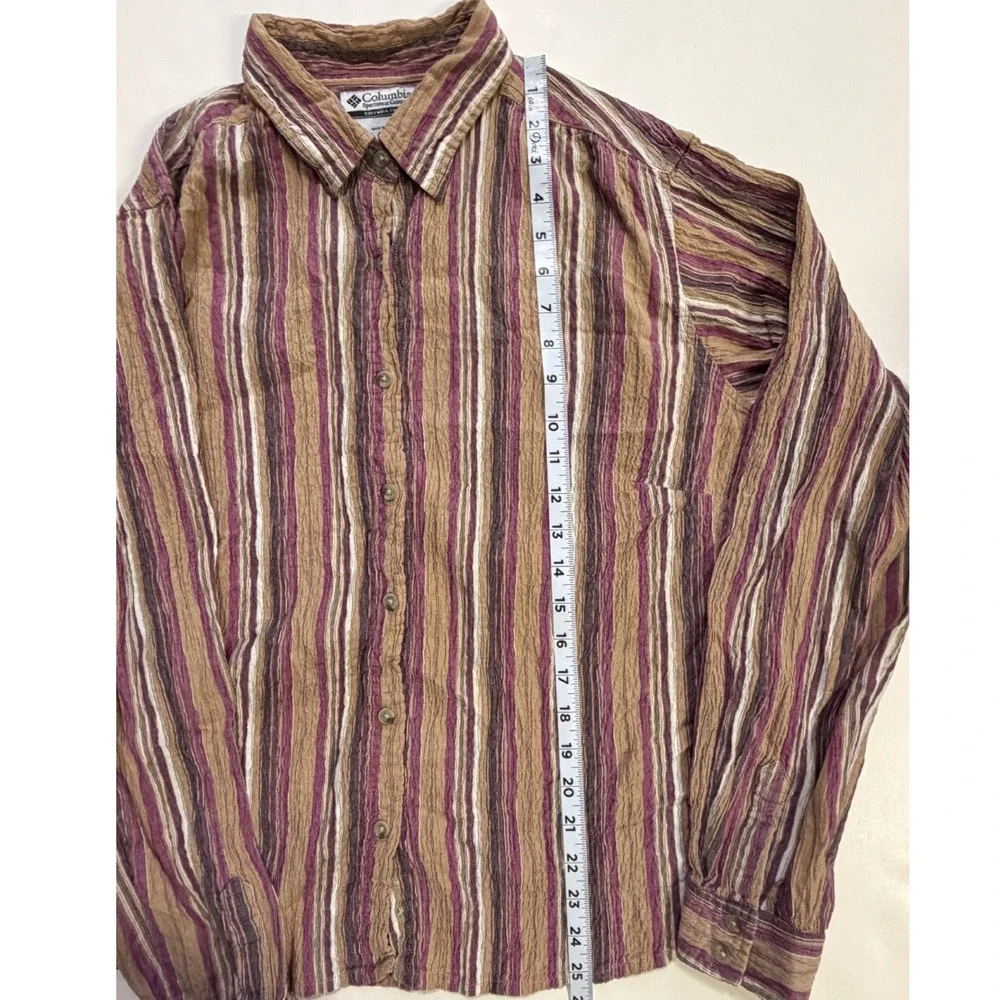 Columbia Womens XL AL7211 Striped Long Sleev Button Down Shirt Purple Tan Cotton